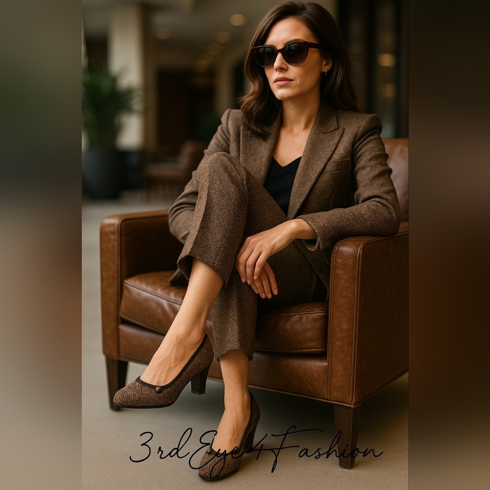 Soft Style Tweed Herringbone Heels Brown Plaid Pump Classic Retro Chic 👠✨ - Picture 2 of 16